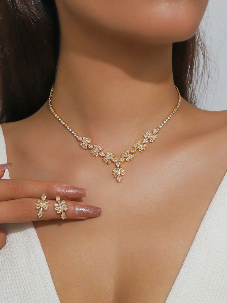 conjunto de collar y pendientes de joyería con color de oro de 18k y cristal para mujeres, elegante y de moda, simple y versátil, apto para boda, gala, fiesta y diversas ocasiones